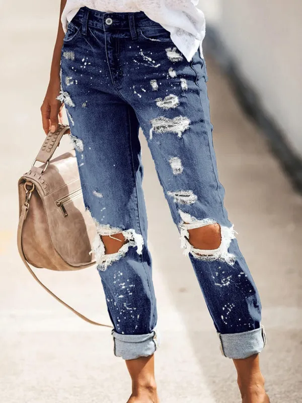 Stretch washed ripped straight-leg street style Jeans