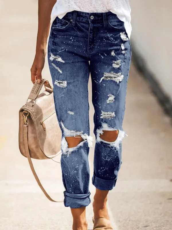 Stretch washed ripped straight-leg street style Jeans