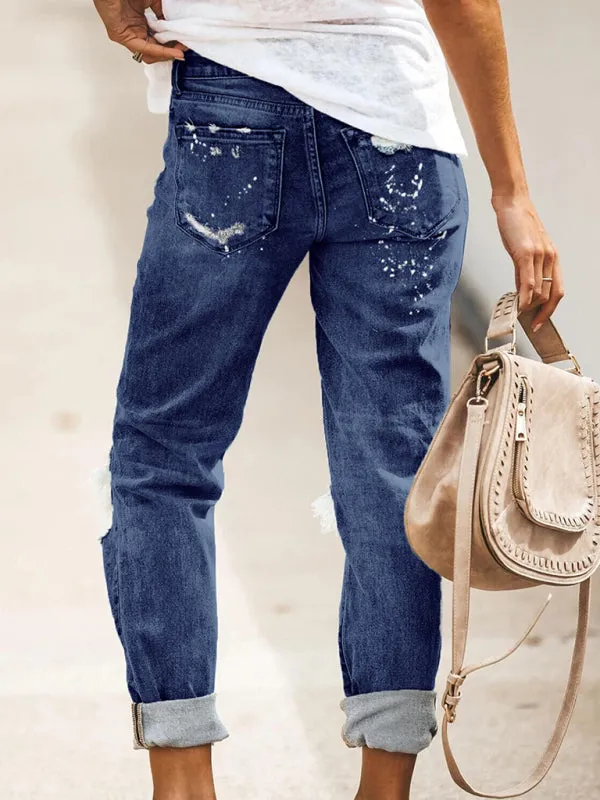 Stretch washed ripped straight-leg street style Jeans