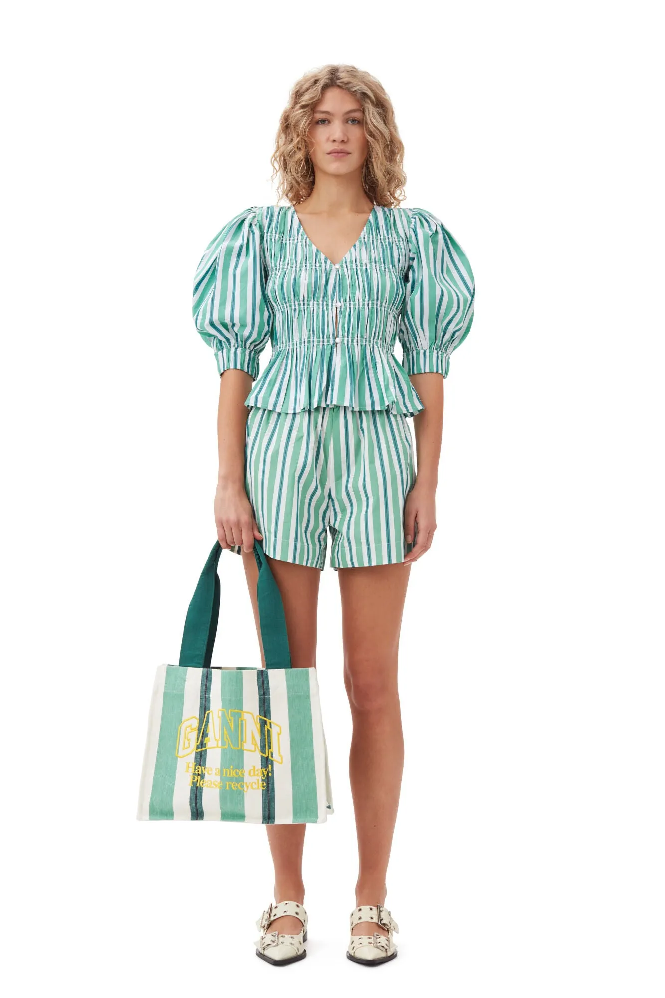 Striped V-Neck Fitted Blouse | Creme de Menthe Stripe