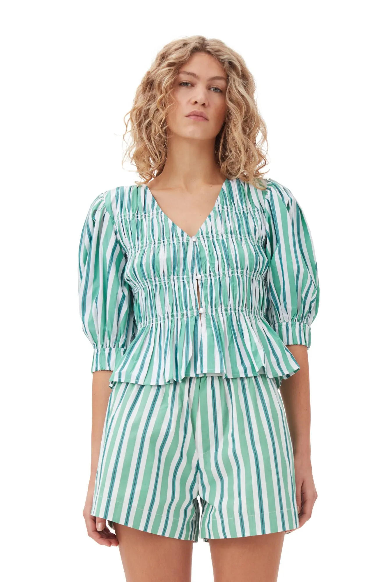 Striped V-Neck Fitted Blouse | Creme de Menthe Stripe