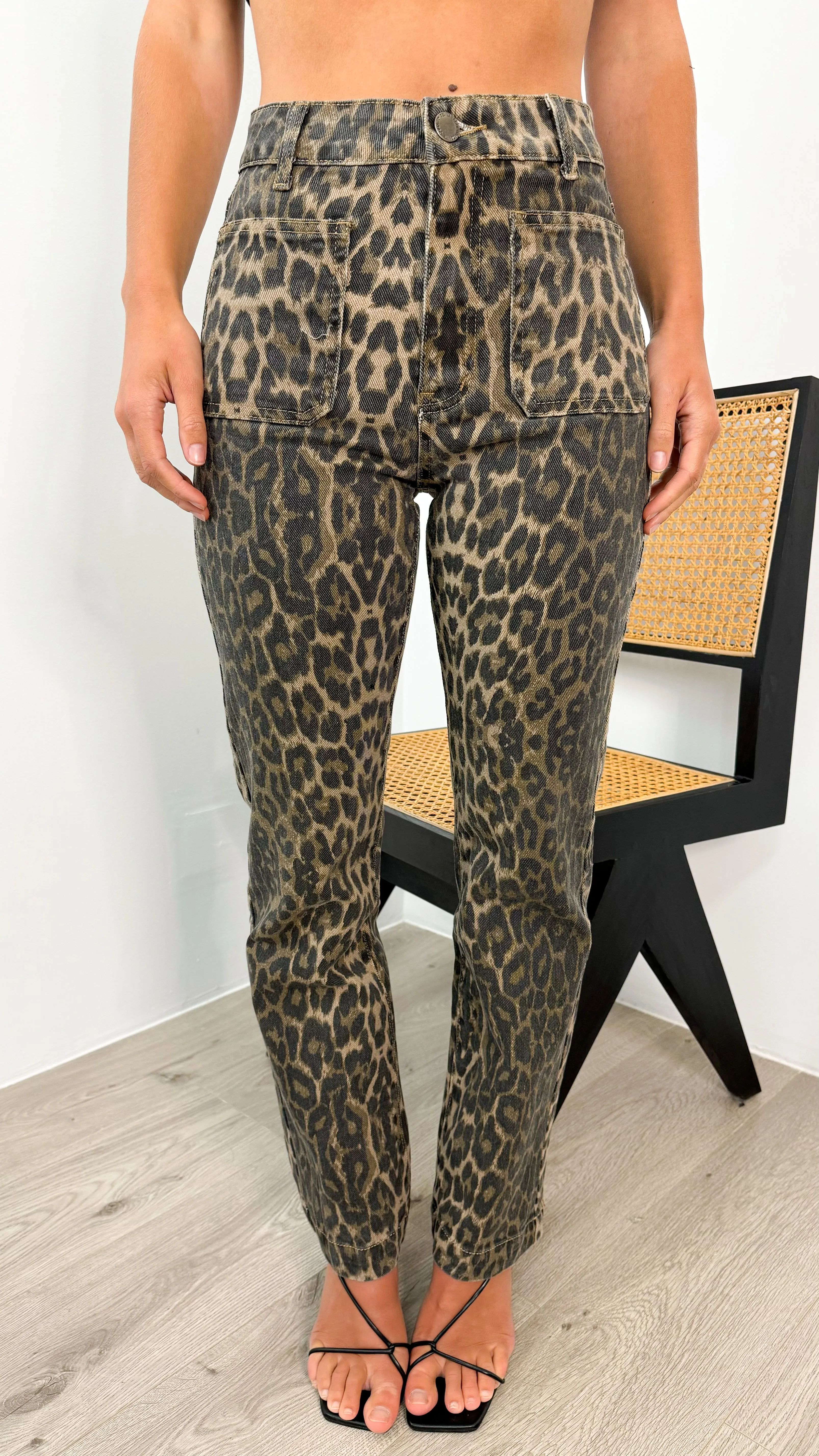 TAJ STRETCH STRAIGHT LEG LEOPARD JEAN - BROWN
