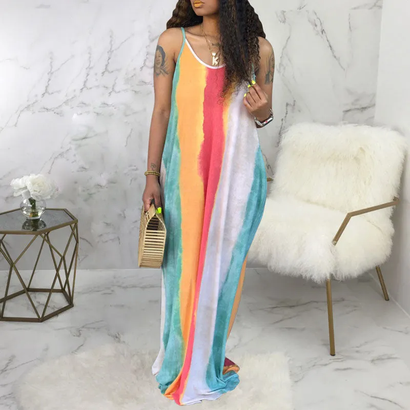 Tie Dye Print Sleeveless Loose Maxi Dress