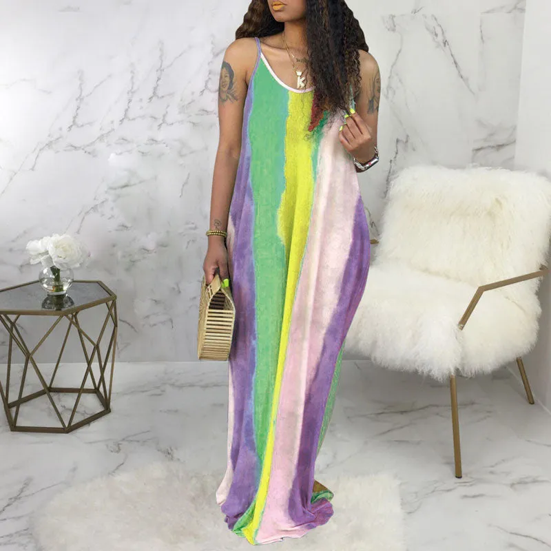 Tie Dye Print Sleeveless Loose Maxi Dress