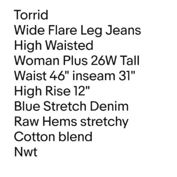 Torrid Wide Flare Leg Jeans Woman Plus 26W Tall Blue Stretch Denim Raw Hem Nwt
