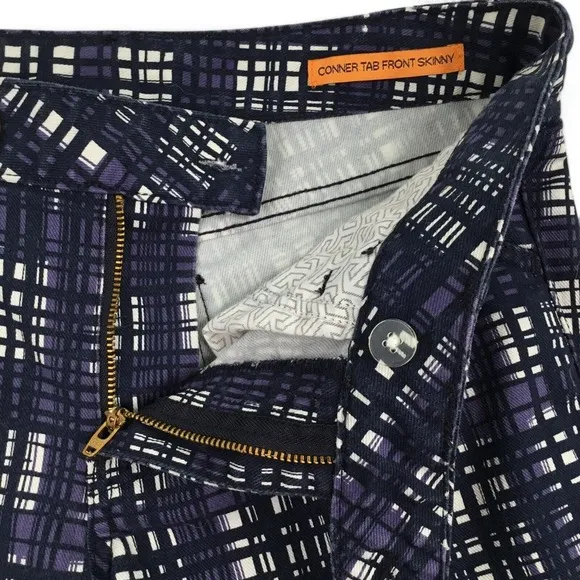 Tory Burch Jeans Size 27 Conner Tab Front Skinny Purple Plaid Artsy Gold Logo