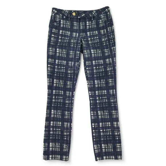 Tory Burch Jeans Size 27 Conner Tab Front Skinny Purple Plaid Artsy Gold Logo