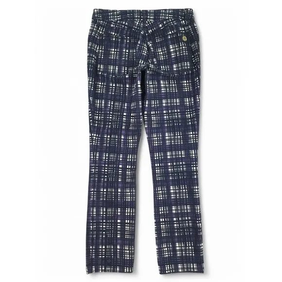 Tory Burch Jeans Size 27 Conner Tab Front Skinny Purple Plaid Artsy Gold Logo