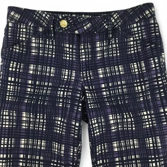 Tory Burch Jeans Size 27 Conner Tab Front Skinny Purple Plaid Artsy Gold Logo