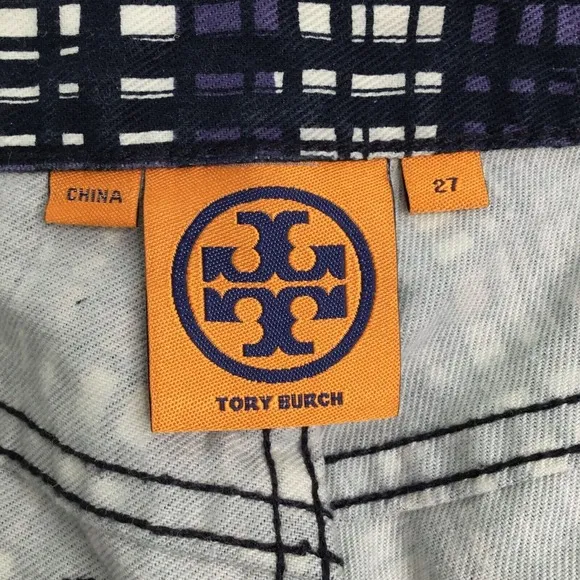 Tory Burch Jeans Size 27 Conner Tab Front Skinny Purple Plaid Artsy Gold Logo