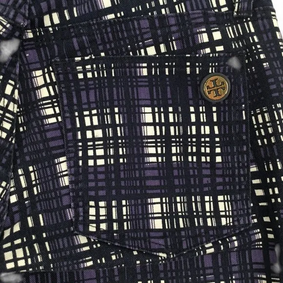 Tory Burch Jeans Size 27 Conner Tab Front Skinny Purple Plaid Artsy Gold Logo