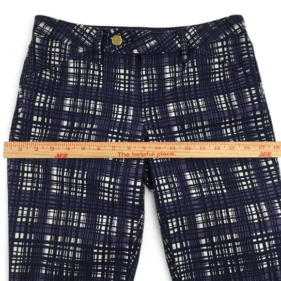 Tory Burch Jeans Size 27 Conner Tab Front Skinny Purple Plaid Artsy Gold Logo