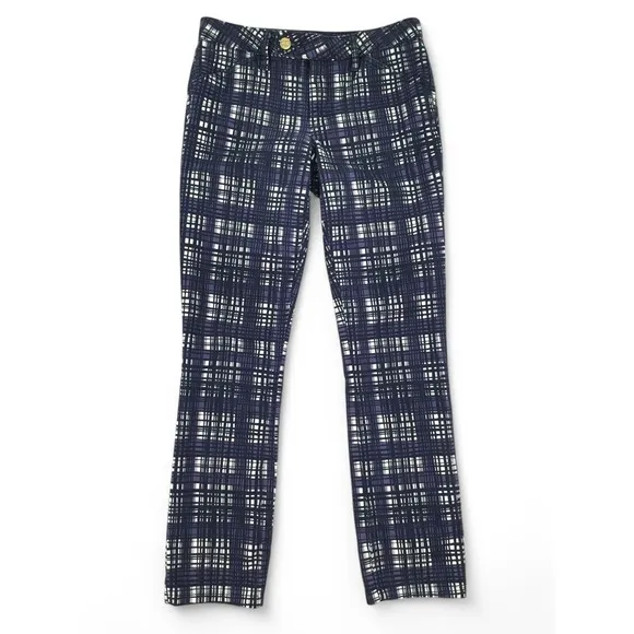 Tory Burch Jeans Size 27 Conner Tab Front Skinny Purple Plaid Artsy Gold Logo