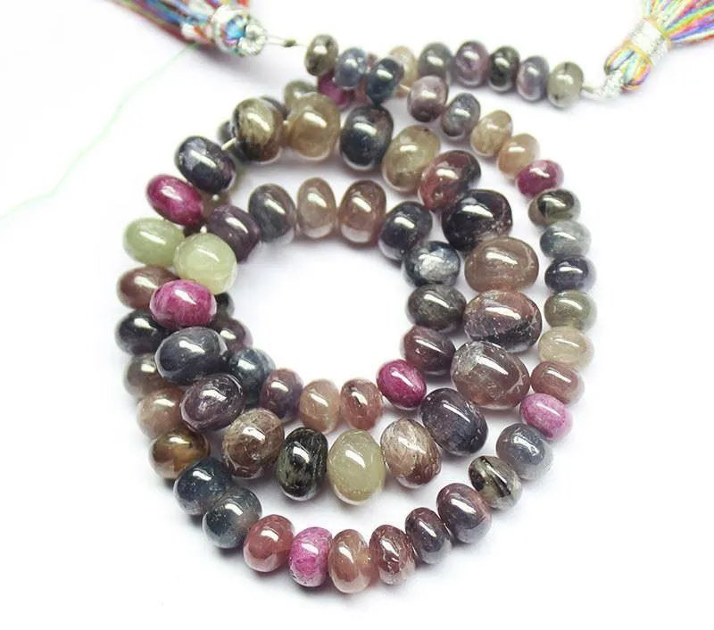 Untreated Multi Sapphire Smooth Rondelle Loose Gemstone Beads Strand 5mm 9mm 16"
