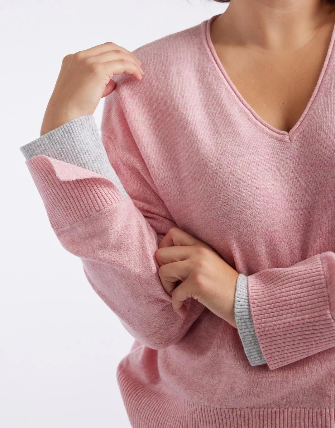 Upstate Wool Cashmere Double Cuff Knit Jumper - Rose Marle/Grey Marle