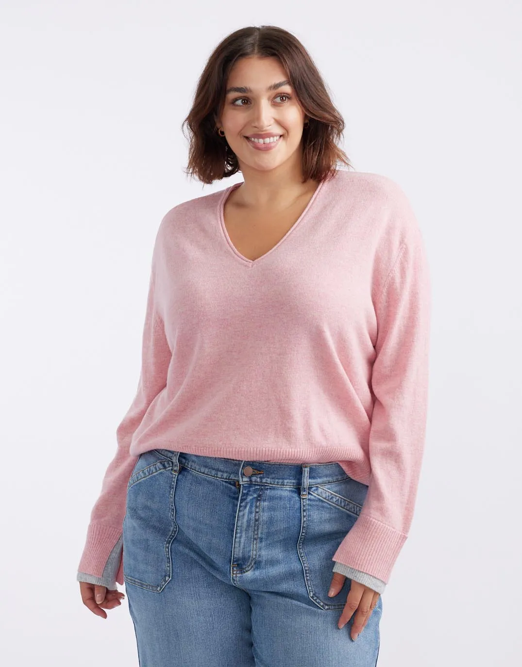 Upstate Wool Cashmere Double Cuff Knit Jumper - Rose Marle/Grey Marle