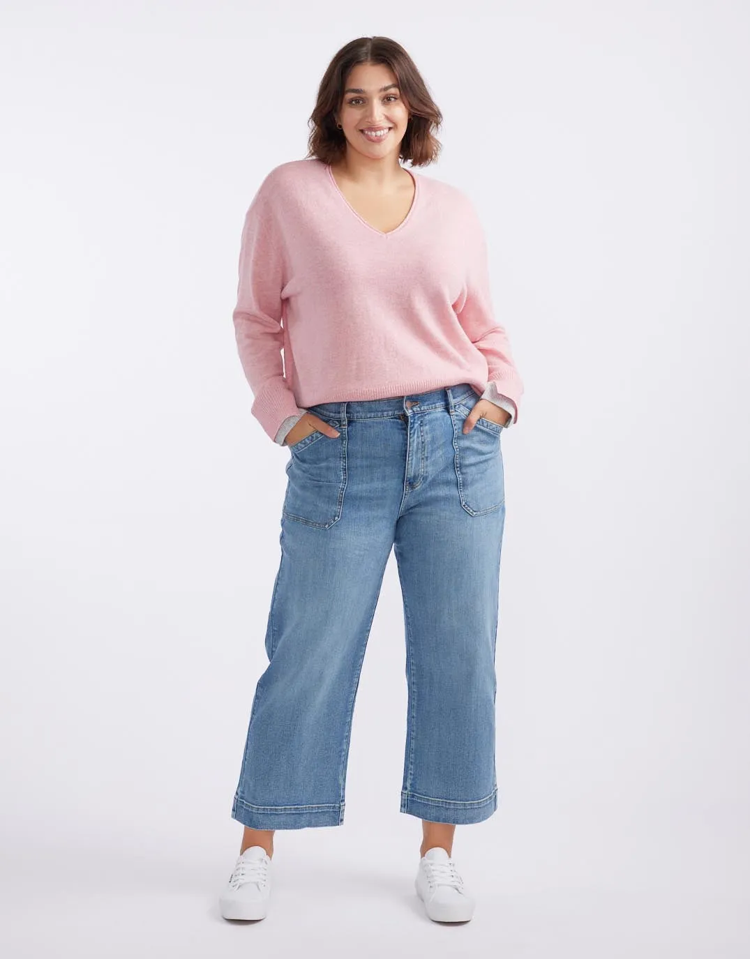 Upstate Wool Cashmere Double Cuff Knit Jumper - Rose Marle/Grey Marle