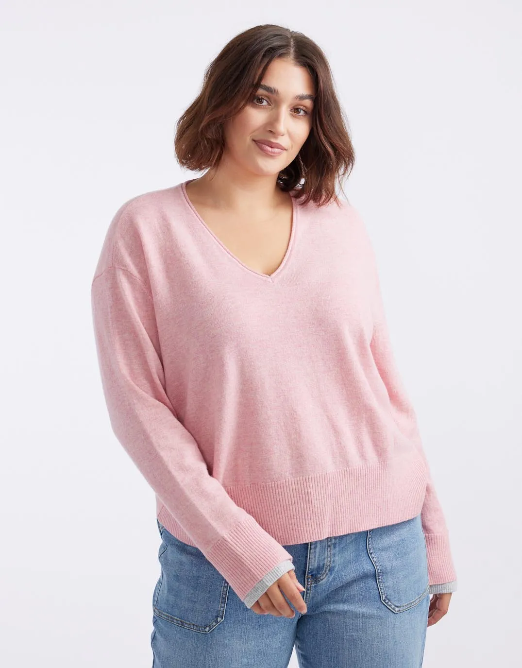 Upstate Wool Cashmere Double Cuff Knit Jumper - Rose Marle/Grey Marle
