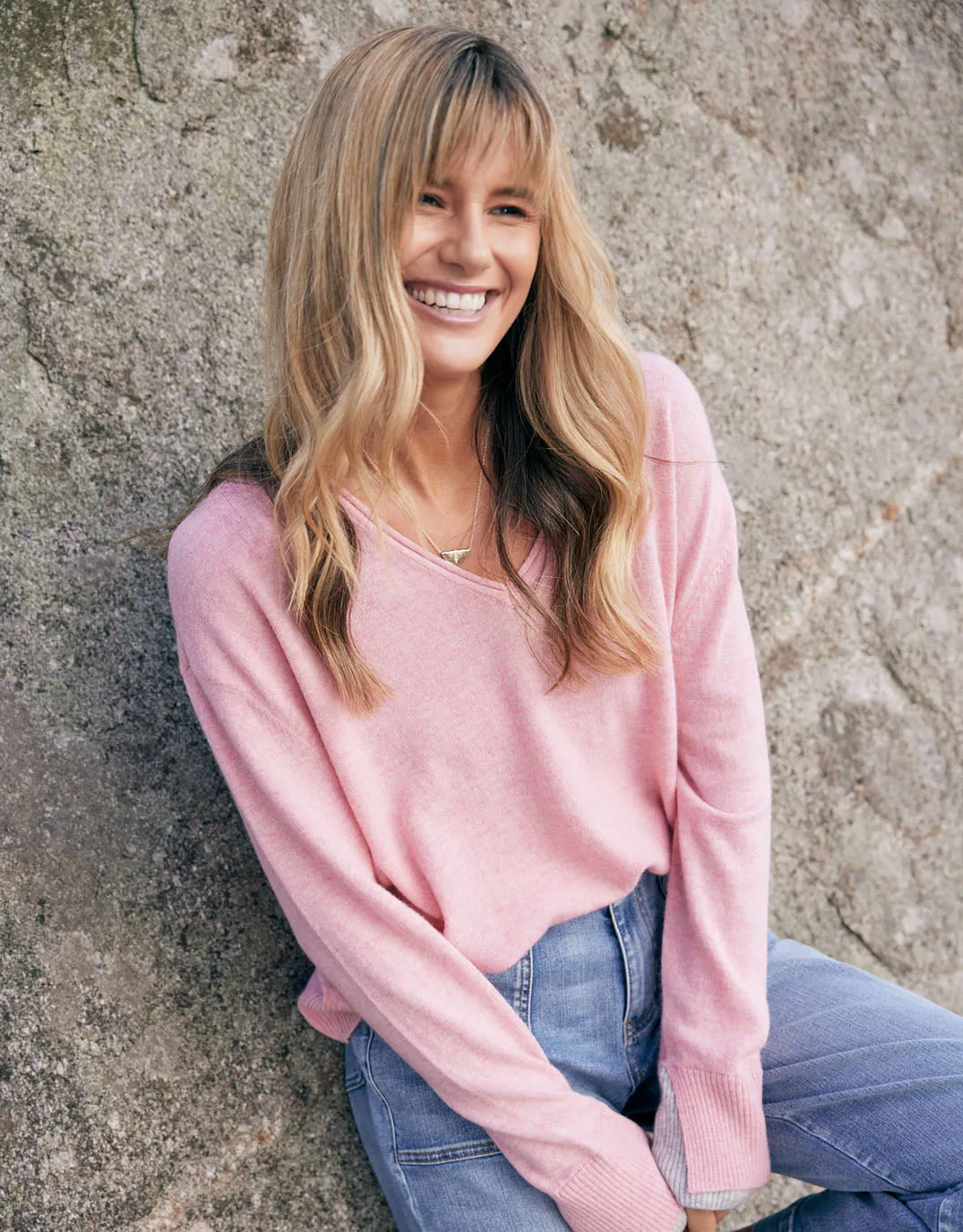 Upstate Wool Cashmere Double Cuff Knit Jumper - Rose Marle/Grey Marle