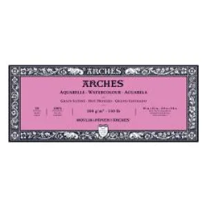Watercolour Paper - BLOCK - ARCHES Aquarelle -  SATINE (HOT PRESSED / SMOOTH)  140 lb/ 300 gsm WHITE  10 x 25 cm, 4 x 10",