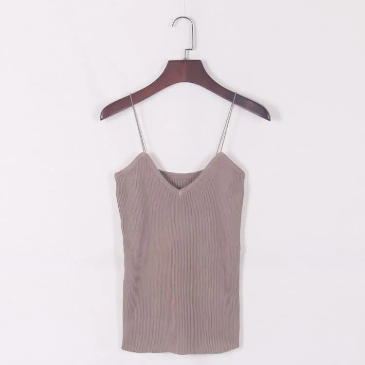 Women Elastic Slim Sleeveless Spaghetti Strap Vest Casual Base Crochet Knit Tank Tops