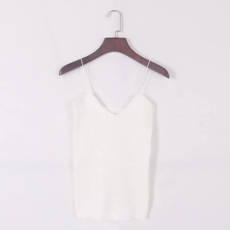 Women Elastic Slim Sleeveless Spaghetti Strap Vest Casual Base Crochet Knit Tank Tops