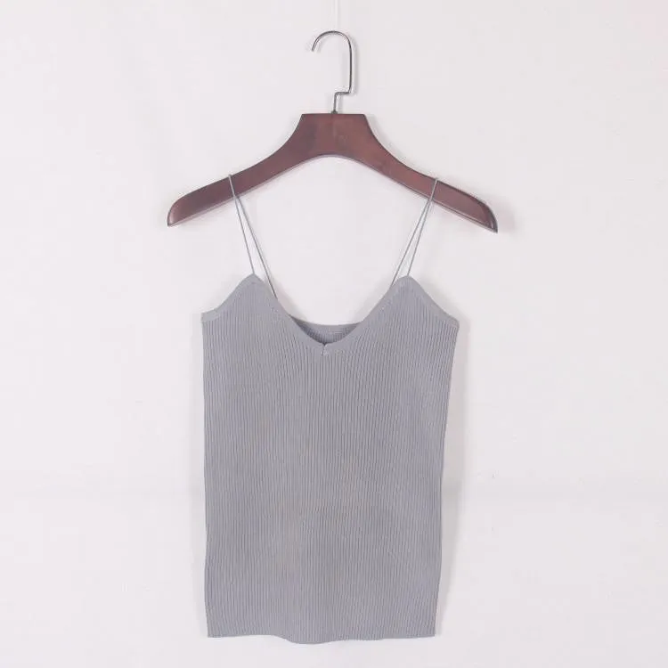 Women Elastic Slim Sleeveless Spaghetti Strap Vest Casual Base Crochet Knit Tank Tops