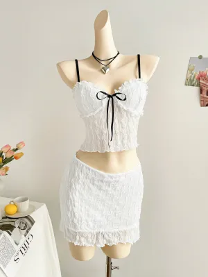 WYWH Vacation White Knitted Textured Chest With Ruffle Design, Black Ribbon Front, Black Shoulder Strap, Fitted Tank Top And Fitted Mini Ruffle Hem Skirt 2 Piece Beach Clothes Outfit Set, For Party/Summer