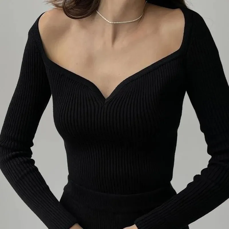 Y2K Off Shoulder Ribbed Knitted Top