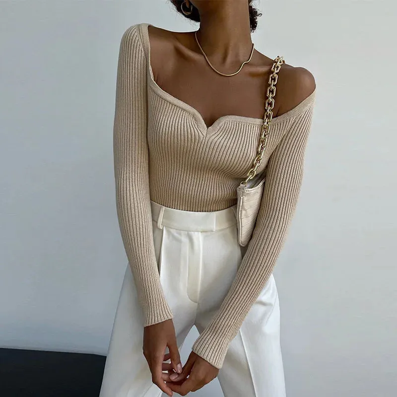 Y2K Off Shoulder Ribbed Knitted Top