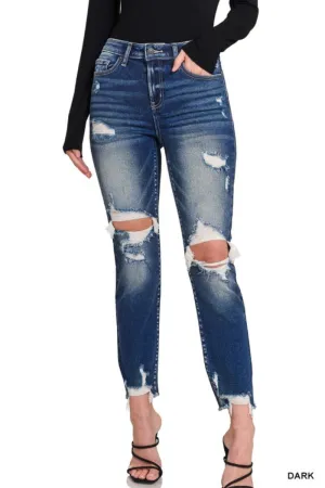 Zenana Distressed Dark Ankle Skinny Jeans