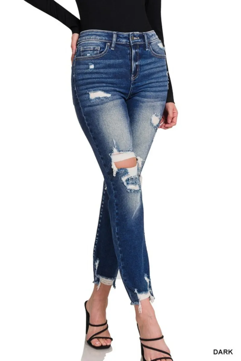 Zenana Distressed Dark Ankle Skinny Jeans