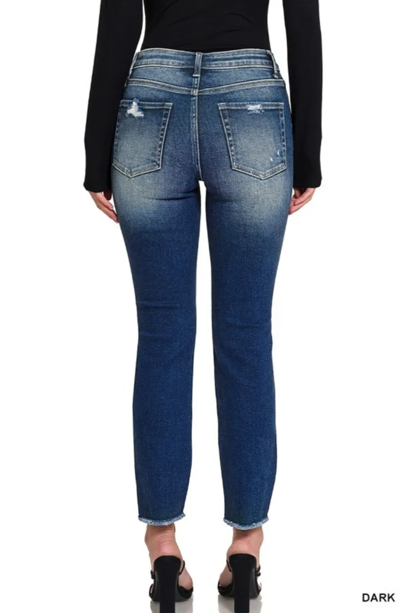 Zenana Distressed Dark Ankle Skinny Jeans