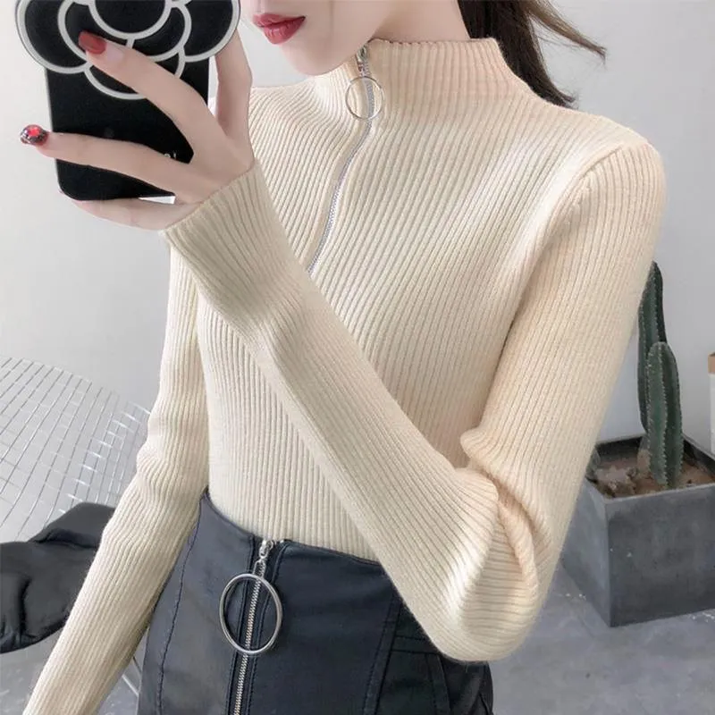Zipper Turtleneck Women Sweater Solid 2019 Winter Fashion Sweater Ladies Slim Sexy Knitted Pullovers